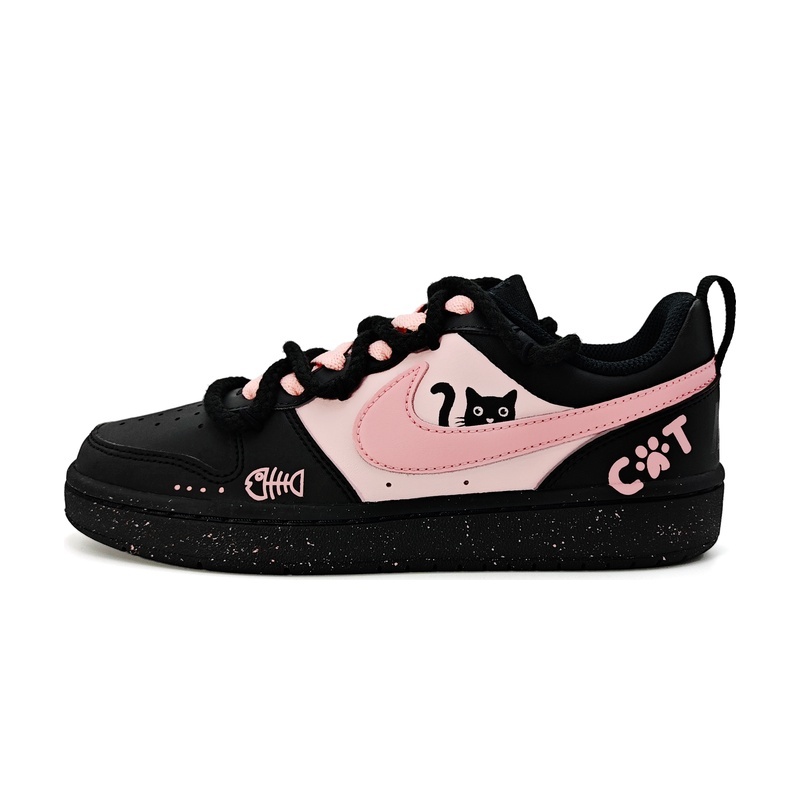 Custom Court Shoes Black Pink Cat Play