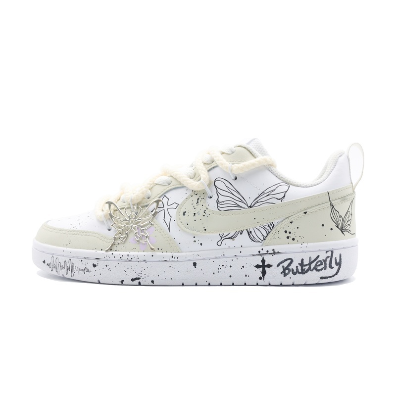 Custom Court Shoes White Black Butterfly Sketch