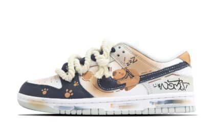 Custom Dunk Shoes Beige Navy Blue Lazy Bear