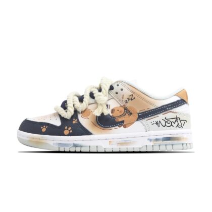 Custom Dunk Shoes Beige Navy Blue Lazy Bear
