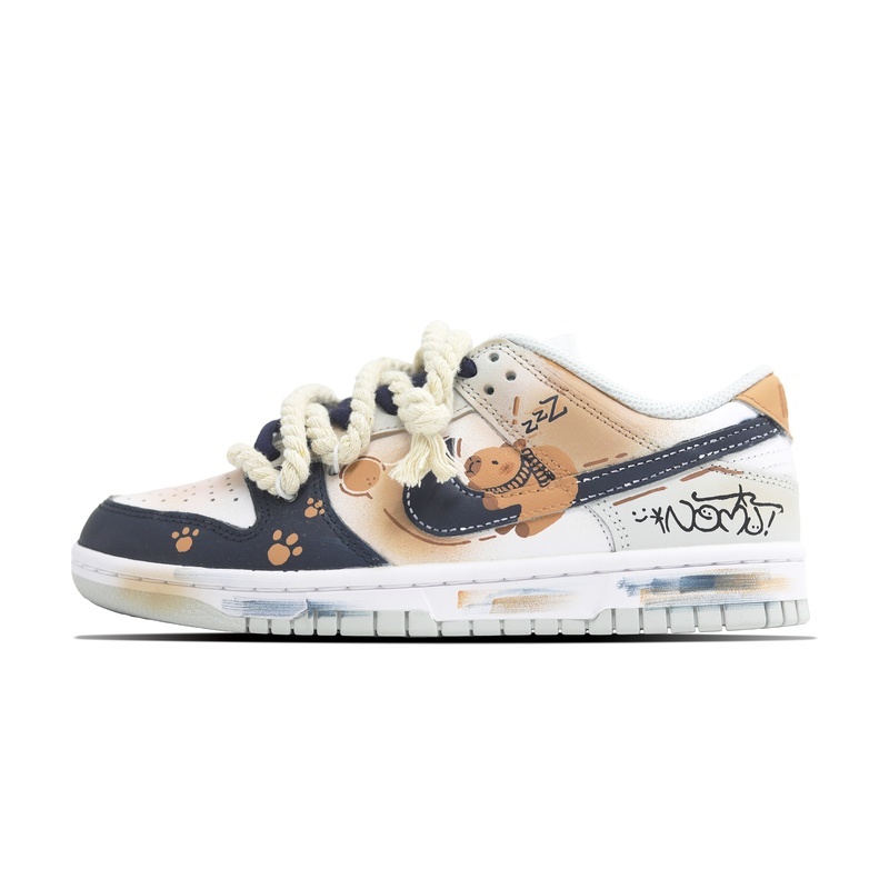 Custom Dunk Shoes Beige Navy Blue Lazy Bear